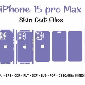 Op de afbeelding: Een digitale illustratie van een paarse iPhone 15 Pro Max telefoonhuid-snijbestand. De afbeelding toont de voor-, achter- en zijkant van de telefoonhuid. De tekst "iPhone 15 pro Max" en "Skin Cut Files" wordt boven de telefoonhuid weergegeven. De tekst "AI - EPS - CDR - PLT - DXF - SVG - PDF + DESCARGA INMEDIATA" wordt onder de telefoonhuid weergegeven.