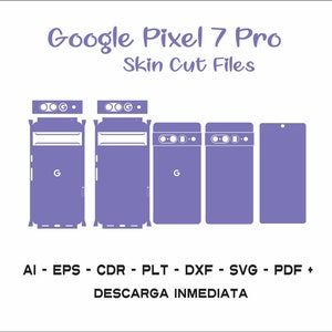 May include: A digital file download for a Google Pixel 7 Pro phone skin cut file. The image shows a purple outline of the phone and its camera housing. The text "Google Pixel 7 Pro" and "Skin Cut Files" is at the top of the image. The text "AI - EPS - CDR - PLT - DXF - SVG - PDF + DESCARGA INMEDIATA" is at the bottom of the image.