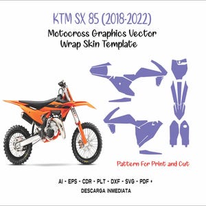 Puede incluir: Una plantilla vectorial para gráficos de motocross para una moto KTM SX 85. La plantilla incluye una variedad de formas y diseños para el cuerpo de la moto, incluyendo el guardabarros delantero, los paneles laterales y el guardabarros trasero. La plantilla está disponible en una variedad de formatos de archivo, incluyendo AI, EPS, CDR, PLT, DXF, SVG y PDF. El texto "DESCARGA INMEDIATA" también está incluido en la imagen.