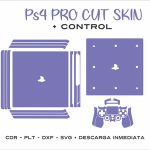 Może przedstawiać: Fioletowy projekt skórki do konsoli PS4 Pro i kontrolera. Projekt zawiera logo PS4 i przyciski. Tekst "PS4 PRO CUT SKIN + CONTROL" znajduje się w górnej części obrazu. Tekst "CDR - PLT - DXF - SVG + DESCARGA INMEDIATA" znajduje się w dolnej części obrazu.
