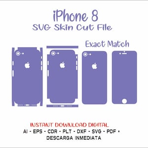 May include: A light purple digital design for an iPhone 8 skin. The image displays the SVG skin cut file, showing the front, back, and side pieces of the phone. Text includes "iPhone 8 SVG Skin Cut File" and "Exact Match".
