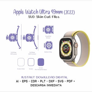 Puede incluir: Una descarga digital de archivos de corte SVG para una piel de Apple Watch Ultra de 49 mm. La imagen muestra un contorno morado de la esfera del reloj con diferentes opciones para la piel, incluyendo envoltura completa con y sin tornillos, solo la parte inferior y opciones de pantalla exterior y pantalla. La imagen también muestra una foto de un Apple Watch Ultra plateado con una banda amarilla y beige.