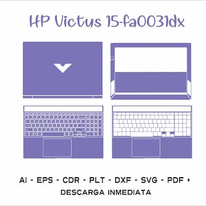 Op de afbeelding: Een lijntekening van een paarse HP Victus 15-fa0031dx laptop. De laptop wordt getoond vanuit boven-, zij- en vooraanzicht. De laptop heeft een toetsenbord, touchpad en een scherm.
