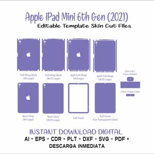 Può includere: Un modello digitale per un file di taglio della pelle per l'Apple iPad Mini 6a generazione (2021). Il modello include diverse opzioni per la parte posteriore e anteriore del dispositivo, tra cui le opzioni di avvolgimento completo, avvolgimento completo diviso e solo parte posteriore. Il modello include anche un adattatore di alimentazione USB-C da 20 W e un cavo di ricarica USB-C.