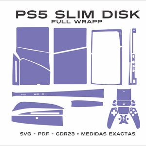 Puede incluir: Un diseño de piel de consola PlayStation 5 Slim Disk en morado y blanco. El diseño incluye la consola, el mando y los paneles laterales. El texto "PS5 SLIM DISK FULL WRAPP" está en la parte superior de la imagen. El texto "SVG - PDF - CDR23 + MEDIDAS EXACTAS" está en la parte inferior de la imagen.