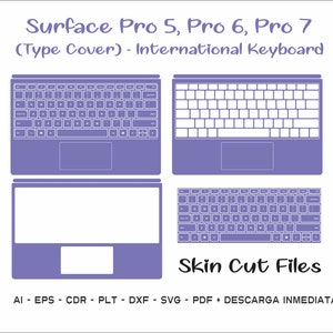 以下が含まれることがあります： Surface Pro 5、Pro 6、Pro 7 のキーボードカバー用のスキンカットファイルのデジタルダウンロードです。ファイルは AI、EPS、CDR、PLT、DXF、SVG、PDF 形式で入手できます。画像は、キーボードとトラックパッドの紫色のアウトラインを示しています。