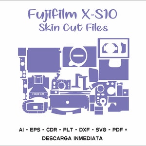 May include: A digital illustration of a purple Fujifilm X-S10 camera, showing the individual pieces that make up the camera skin. The text "Fujifilm X-S10 Skin Cut Files" is at the top of the image. The text "AI - EPS - CDR - PLT - DXF - SVG - PDF + DESCARGA INMEDIATA" is at the bottom of the image.