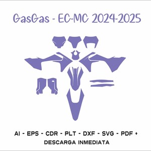 Puede incluir: Una silueta morada de una motocicleta con el texto "GasGas - EC-MC 2024-2025" en la parte superior y "AI - EPS - CDR - PLT - DXF - SVG - PDF + DESCARGA INMEDIATA" en la parte inferior.