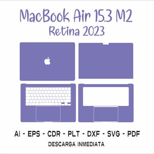 May include: A digital template for a MacBook Air 15.3 M2 Retina 2023. The template includes outlines for the top, bottom, and keyboard areas of the laptop. The template is in purple.