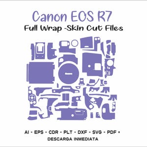 May include: A purple silhouette of a Canon EOS R7 camera, broken down into individual pieces, with the text "Canon EOS R7 Full Wrap - Skin Cut Files" and "AI - EPS - CDR - PLT - DXF - SVG - PDF + DESCARGA INMEDIATA" at the bottom.