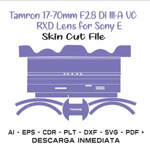 Puede incluir: Un archivo digital para un corte de piel para un objetivo Tamron 17-70 mm F2.8 Di III-A VC RXD para cámaras Sony E. El archivo está disponible en los formatos AI, EPS, CDR, PLT, DXF, SVG y PDF. La imagen muestra una silueta morada del objetivo con el logotipo de Tamron.