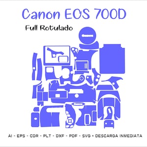 Puede incluir: Una ilustración azul y blanca de una cámara Canon EOS 700D con el texto "Full Rotulado" y "Canon EOS 700D". La ilustración muestra el cuerpo de la cámara, el objetivo y varios botones y controles.