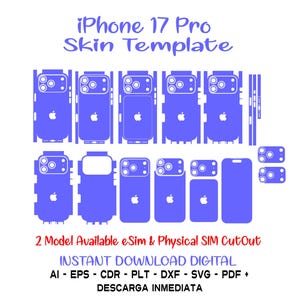 May include: A blue iPhone 17 Pro skin template with various cutouts for the phone's components. The design includes the Apple logo and text that reads "iPhone 17 Pro Skin Template". The image also states "2 Model Available eSim & Physical SIM Cutout".
