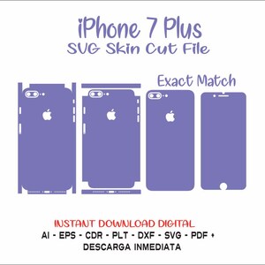 Könnte beinhalten: Eine digitale Download-Datei für eine violette iPhone 7 Plus Skin-Schnittdatei. Die Datei ist in den Formaten AI, EPS, CDR, PLT, DXF, SVG und PDF verfügbar. Der Text "Exact Match" wird über dem Design der Handy-Haut angezeigt.