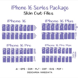 Puede incluir: Un paquete de archivos de corte descargable digitalmente para las pieles de teléfono de la serie iPhone 16. La imagen muestra una cuadrícula de diseños de pieles de teléfono para el iPhone 16, el iPhone 16 Plus, el iPhone 16 Pro y el iPhone 16 Pro Max. El texto "iPhone 16 Series Package Skin Cut Files" está en la parte superior de la imagen. El texto "AI - EPS - CDR - PLT - DXF - SVG - PDF + DESCARGA INMEDIATA" está en la parte inferior de la imagen.