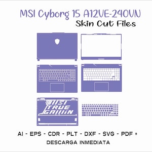 Könnte beinhalten: Ein digitaler Dateidownload für eine Skin-Schnittvorlage für das MSI Cyborg 15 A12VE-240VN Laptop. Die Vorlage umfasst den Laptop-Deckel, die Tastatur und das Touchpad. Die Vorlage ist in Lila und Weiß.