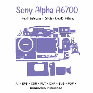 May include: A purple silhouette of a Sony Alpha A6700 camera, broken down into individual pieces for a skin wrap. The text "Sony Alpha A6700" and "Full Wrap - Skin Cut Files" is at the top of the image. The text "AI - EPS - CDR - PLT - DXF - SVG - PDF + DESCARGA INMEDIATA" is at the bottom of the image.