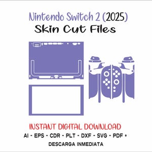 May include: A digital design for a Nintendo Switch 2 (2025) skin, with cut files for the console and controllers. The design is in shades of purple and includes the text "Nintendo Switch 2 (2025) Skin Cut Files" and "Instant Digital Download".