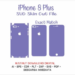 May include: A digital download file for a phone skin cut file for the iPhone 8 Plus. The file is available in AI, EPS, CDR, PLT, DXF, SVG, and PDF formats. The image shows a purple phone skin design for the front and back of the phone.