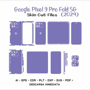 May include: A digital illustration of a Google Pixel 9 Pro Fold 5G phone skin cut file template. The template shows the different parts of the phone that need to be cut for a skin. The template is in purple and includes the text "Google Pixel 9 Pro Fold 5G Skin Cut Files (2024)" and "AI - EPS - CDR - PLT - DXF - SVG - PDF + DESCARGA INMEDIATA".