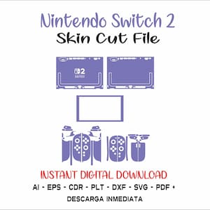 May include: A digital design file for a Nintendo Switch 2 skin, showing a purple outline of the console and controllers. The text "Nintendo Switch 2 Skin Cut File" is at the top, with "Instant Digital Download" at the bottom.