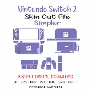 Könnte beinhalten: Ein lila digitales Schnittmuster-Design für eine Nintendo Switch 2, das Umrisse der Konsole und ihrer Komponenten zeigt. Der Text enthält "Nintendo Switch 2", "Skin Cut File Simpler" und "Instant Digital Download".
