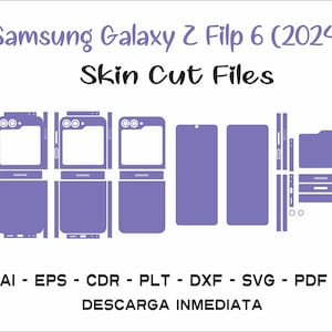 Puede incluir: Una descarga de archivo digital para un archivo de corte de piel de teléfono Samsung Galaxy Z Flip 6 (2024). La imagen muestra un contorno morado del teléfono y sus partes, incluyendo la parte delantera, la trasera y la bisagra. El texto "AI - EPS - CDR - PLT - DXF - SVG - PDF + DESCARGA INMEDIATA" está en la parte inferior de la imagen.