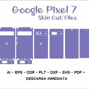 Puede incluir: Un conjunto de archivos de corte digital para una piel de teléfono Google Pixel 7. Los archivos están disponibles en los formatos AI, EPS, CDR, PLT, DXF, SVG y PDF. La imagen muestra las diferentes piezas de la piel, incluyendo la parte delantera, la trasera y los lados del teléfono.