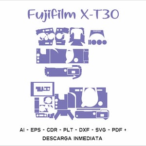 May include: A diagram of a Fujifilm X-T30 camera, featuring various cut-out shapes in a lavender color. The text "Fujifilm X-T30" is at the top. Below, the image includes file format options: AI, EPS, CDR, PLT, DXF, SVG, and PDF.