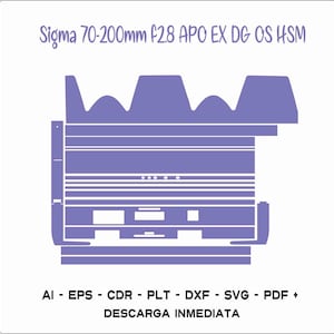 Op de afbeelding: Een paarse silhouet van een Sigma 70-200mm F2.8 APO EX DG OS HSM lens. De tekst "AI - EPS - CDR - PLT - DXF - SVG - PDF + DESCARGA INMEDIATA" staat onder de afbeelding.