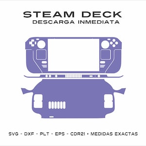 Puede incluir: Una silueta morada de una consola de juegos portátil Steam Deck. La imagen muestra la parte delantera y trasera del dispositivo, incluidos los botones, la pantalla y los trackpads. El texto "STEAM DECK DESCARGA INMEDIATA" es visible en la parte superior de la imagen.