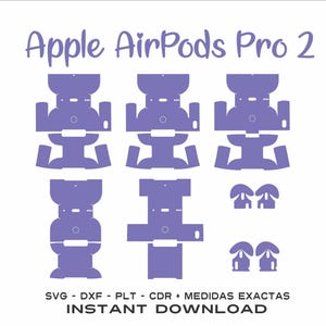May include: A digital download of a purple Apple AirPods Pro 2 case template. The template includes SVG, DXF, PLT, and CDR files.  The text "Instant Download" is included in the image.