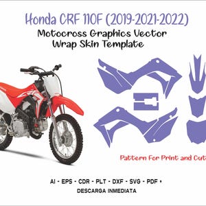 以下が含まれることがあります： 白黒のシートが付いた赤いホンダCRF 110Fのオフロードバイク。バイクは、印刷とカット用のグラフィックであるバイクのボディパネルの紫色のアウトラインで囲まれています。画像の上部には「Honda CRF 110F (2019-2021-2022)」というテキストがあります。バイクの下には「Motocross Graphics Vector Wrap Skin Template」というテキストがあります。アウトラインの下には「Pattern For Print and Cut」というテキストがあります。画像の下部には「AI - EPS - CDR - PLT - DXF - SVG - PDF + DESCARGA INMEDIATA」というテキストがあります。