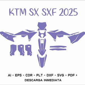 Könnte beinhalten: Eine violette Silhouette eines KTM SX SXF 2025 Motorrads mit verschiedenen umrandeten Teilen. Der Text "KTM SX SXF 2025" befindet sich oben im Bild. Der Text "AI - EPS - CDR - PLT - DXF - SVG - PDF + DESCARGA INMEDIATA" befindet sich unten im Bild.
