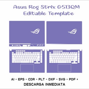 May include: A purple laptop skin template for the Asus Rog Strix G513QM. The template includes the top, bottom, and keyboard areas. The template is editable and includes the ROG logo.