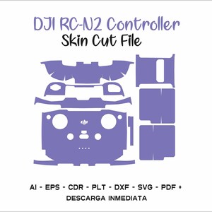 Puede incluir: Una silueta morada de un mando DJI RC-N2, dividido en piezas individuales para cortar. El texto "DJI RC-N2 Controller Skin Cut File" está en la parte superior de la imagen. El texto "AI - EPS - CDR - PLT - DXF - SVG - PDF + DESCARGA INMEDIATA" está en la parte inferior de la imagen.
