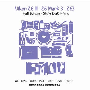 Puede incluir: Una silueta morada de una cámara Nikon con el texto "Nikon 26 III - 26 Mark 3 - 263 Full Wrap - Skin Cut Files" y "AI - EPS - CDR - PLT - DXF - SVG - PDF + DESCARGA INMEDIATA".