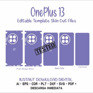Puede incluir: Una plantilla de descarga digital para una piel de teléfono OnePlus 13. La plantilla incluye una piel de envoltura completa, una piel de la parte posterior y una piel de pantalla plana. La plantilla está probada y lista para usar. El texto "INSTANT DOWNLOAD DIGITAL" y "DESCARGA INMEDIATA" está incluido en la imagen.