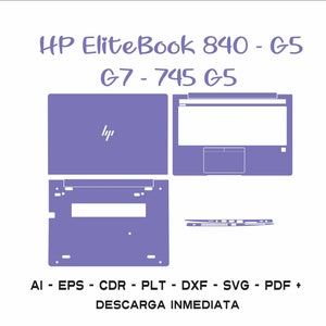 Puede incluir: Una plantilla de piel de portátil de color morado para HP EliteBook 840 G5 y G7-745 G5. La plantilla incluye las áreas superior, inferior y del reposamanos del portátil. La plantilla está disponible en los formatos AI, EPS, CDR, PLT, DXF, SVG y PDF.