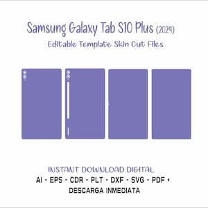 Puede incluir: Una plantilla digital para un archivo de corte de piel Samsung Galaxy Tab S10 Plus (2024). La plantilla se muestra en cuatro secciones: frontal, posterior, lado izquierdo y lado derecho. La plantilla es de color morado claro.