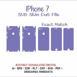 Könnte beinhalten: Eine digitale Download-Datei für einen iPhone 7 Skin-Schnitt. Das Bild zeigt eine violette Umrandung des Telefons mit dem Apple-Logo. Der Text "iPhone 7" und "SVG Skin Cut File" befindet sich oben im Bild. Der Text "Exact Match" befindet sich unterhalb der Telefonumrandung. Der Text "INSTANT DOWNLOAD DIGITAL" befindet sich unten im Bild. Der Text "AI - EPS - CDR - PLT - DXF - SVG - PDF + DESCARGA INMEDIATA" befindet sich unterhalb des Textes "INSTANT DOWNLOAD DIGITAL".