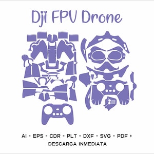 Può includere: Una silhouette viola di un drone DJI FPV, occhiali e controller. L'immagine include il testo "DJI FPV Drone" e "AI - EPS - CDR - PLT - DXF - SVG - PDF - DESCARGA INMEDIATA".