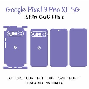 May include: Cut files for a Google Pixel 9 Pro XL 5G phone skin. The files are in AI, EPS, CDR, PLT, DXF, SVG, and PDF formats. The image shows a purple phone skin with a camera cutout and the Google logo.