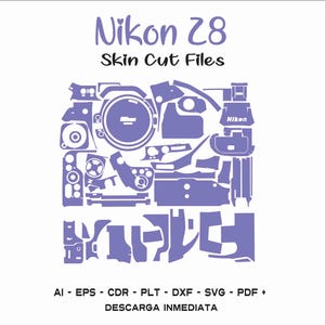 Puede incluir: Ilustración digital en morado claro de un archivo de corte de piel para cámara Nikon Z8. La imagen incluye el texto "Nikon Z8 Skin Cut Files" y opciones de tipo de archivo como AI, EPS, CDR, PLT, DXF, SVG y PDF.