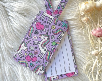 Girls Kids Purple Unicorn Luggage Tag, Children's School Bag Tag Travel Accessories, Gift for Traveller, Fun Gift