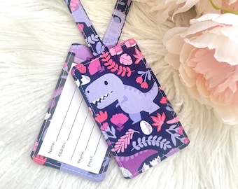 Floral Dinosaur on Purple Luggage Tag, Ladies Flower Bag Tag Travel Accessories, Gift for Traveller, Fun Gift