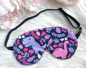 ADJUSTABLE Floral Dinosaur on Purple Sleep Eye Mask, Travel Gift Idea Sleeping Mask, Gift for Her, Teen Gift, Kids and Adult Size