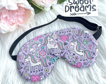 Purple Rainbow Unicorn ADJUSTABLE Sleep Eye Mask / Travel Gift Sleeping Mask - Kids and Adults Size