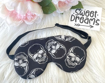 ADJUSTABLE Metallic Silver Skulls on Black Sleep Eye Mask, Travel Gift Idea Sleeping Mask