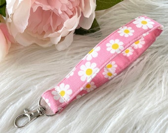 Daisy Flowers on Pink  Key Fob Keyring Wristlet Swivel Clip Lanyard / Key Holder